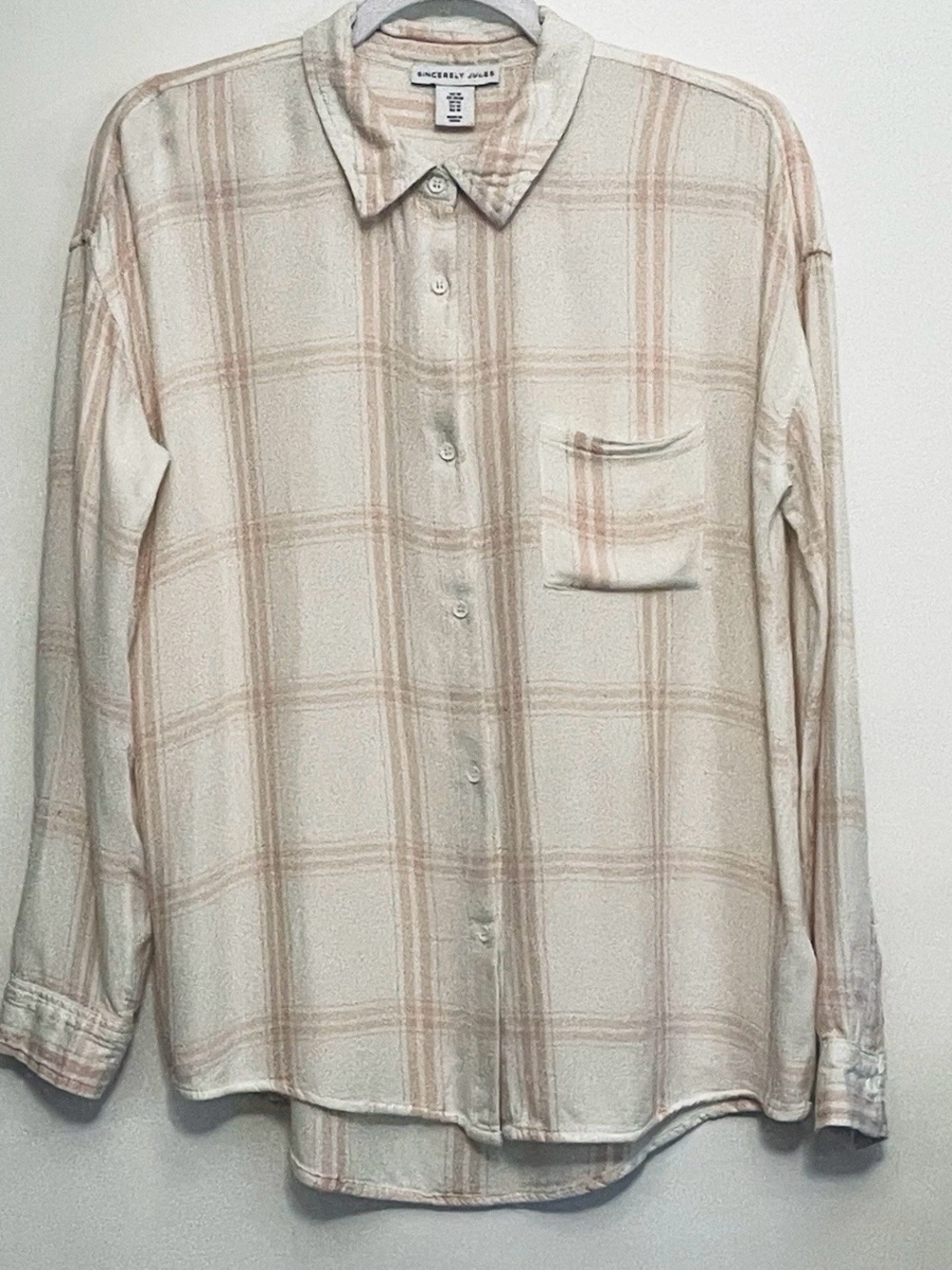 Sincerely Jules Ivory Pink Plaid Button Down Long Sleeve Shirt size Med